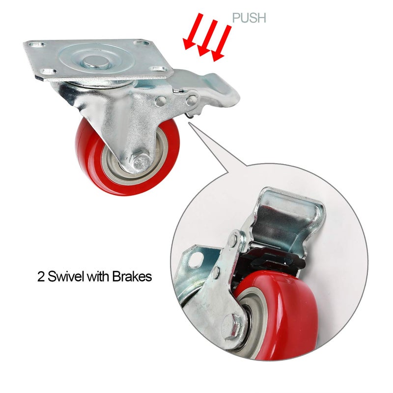 KINJOEK 4 Packs 3 Inches (2 with Brakes, 2 Without) Fixed Caster Wheels Set, KINJOEK Polyurethane Caster Wheels with Brakes for Carts, Furniture, Workbench, Trolley, 617lb Total Capacity - Image 4